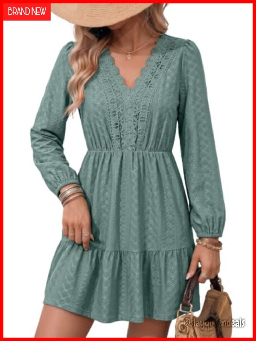 Womens Lace Hollow Out Embroidered V Neck Long Sleeve Mini Dress